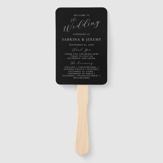 Modern Black and White Script Wedding Program Hand Fan (Front)