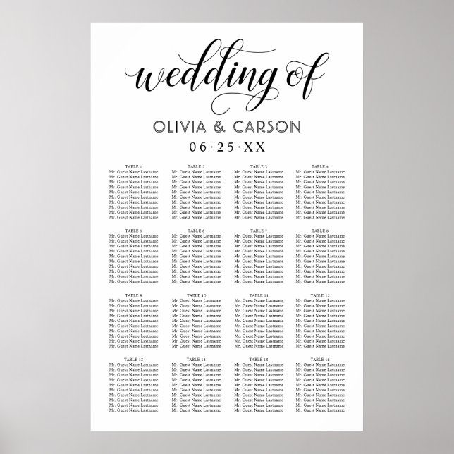 Modern Black and White Script Wedding Seating Poster (Front)