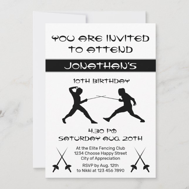 Modern Black and White Silhouette Fencing Party  Invitation (Front)