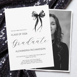 Modern Black and White Simple Bow Photo Graduation Announcement