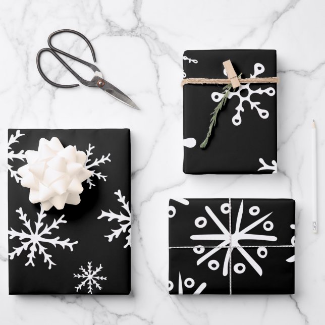 Modern Black and White Snowflakes Gift  Wrapping Paper Sheet (Front)