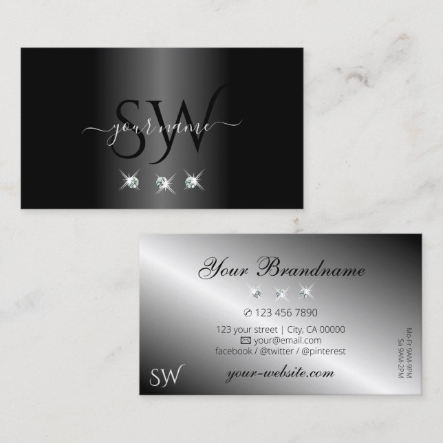 Modern Black and White Sparkling Diamonds Monogram Business Card (Front/Back)
