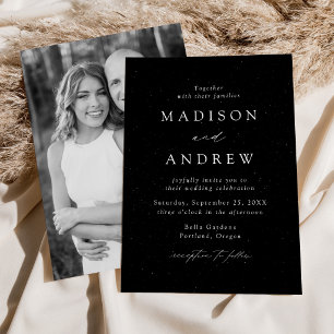 Modern Black and White Speckled Photo Wedding Invitation