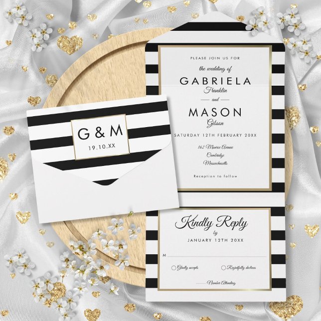 Modern Black And White Stripe Gold Wedding All In One Invitation (Modern Black And White Stripe Gold Wedding All In One Invitation)