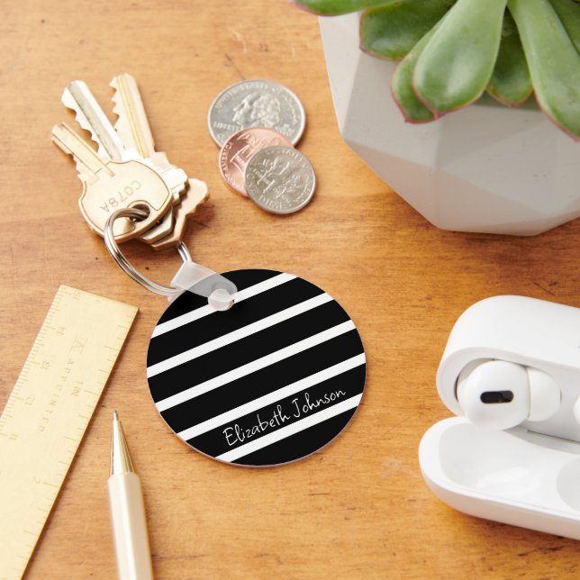 Modern Black and White Stripe  Key Ring (Desk)