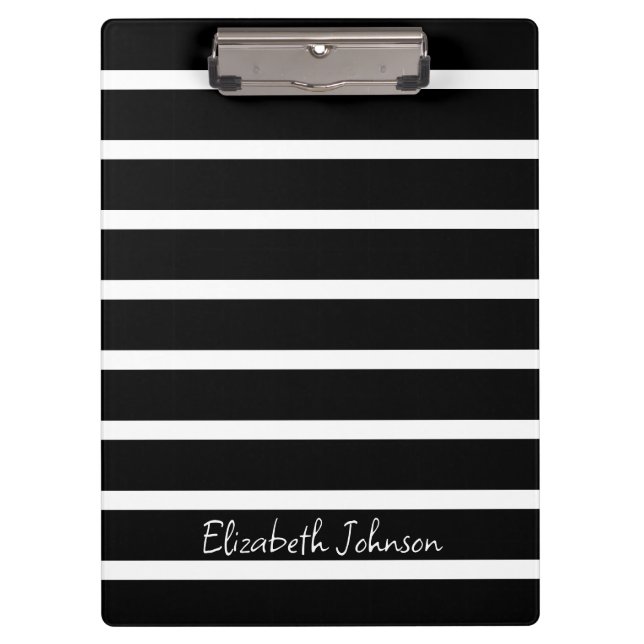 Modern Black and White Stripe Personalised Clipboard (Front)