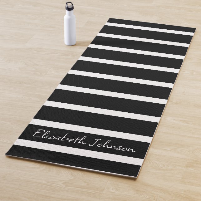 Modern Black and White Stripe Personalised Yoga Mat (In Situ)