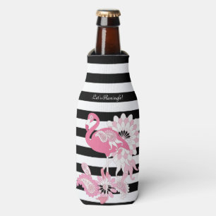 Modern Black and White Stripe Pink Flamingo Bottle Cooler