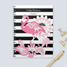 Modern Black and White Stripe Pink Flamingo