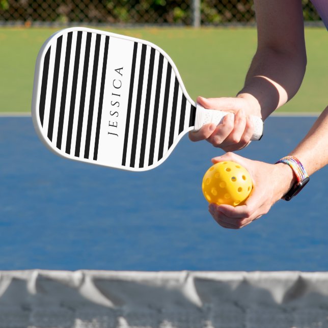 Modern Black And White Striped Custom Name  Pickleball Paddle (Insitu)