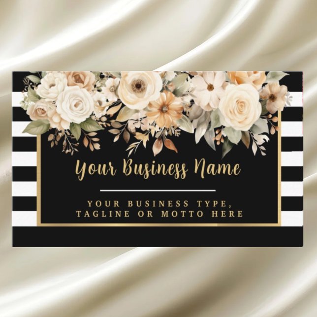 Modern Black and White Striped Floral Business Car Card (Creator Uploaded)