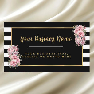 Modern Black and White Striped Floral Business Card