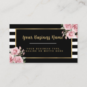 Modern Black and White Striped Floral Business Card