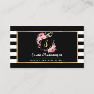 Modern Black and White Striped Floral Business Card