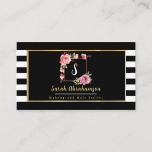 Modern Black and White Striped Floral  Business Card