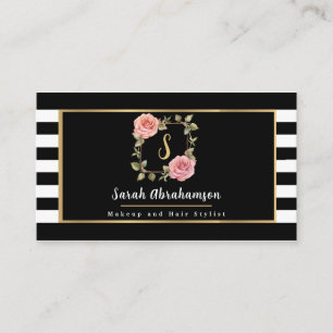 Modern Black and White Striped Floral Business Card