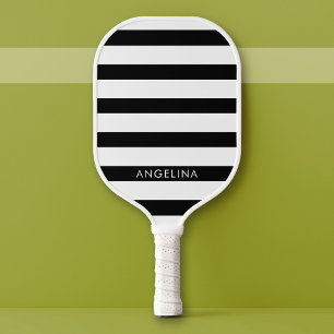 Modern Black and White Striped Pattern Custom Name Pickleball Paddle