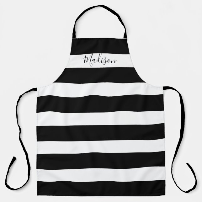 Modern Black and White Striped Script Personalized Apron (Front)