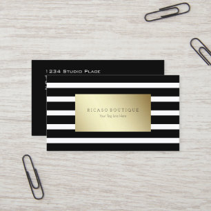 Modern black and white striped with gold business card