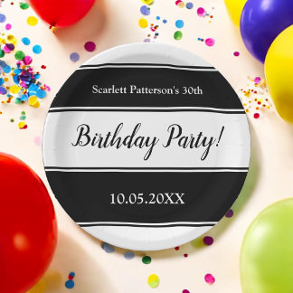 Modern Black And White Stripes Elegant Birthday Paper Plate