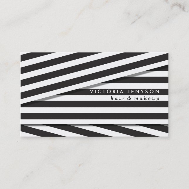 Modern black and white stripes elegant hair makeup business card (Front)