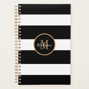 Modern Black And White Stripes Gold Monogram Planner