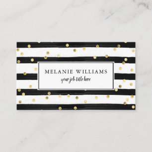 Modern Black and White Stripes Gold Polka Dots Business Card