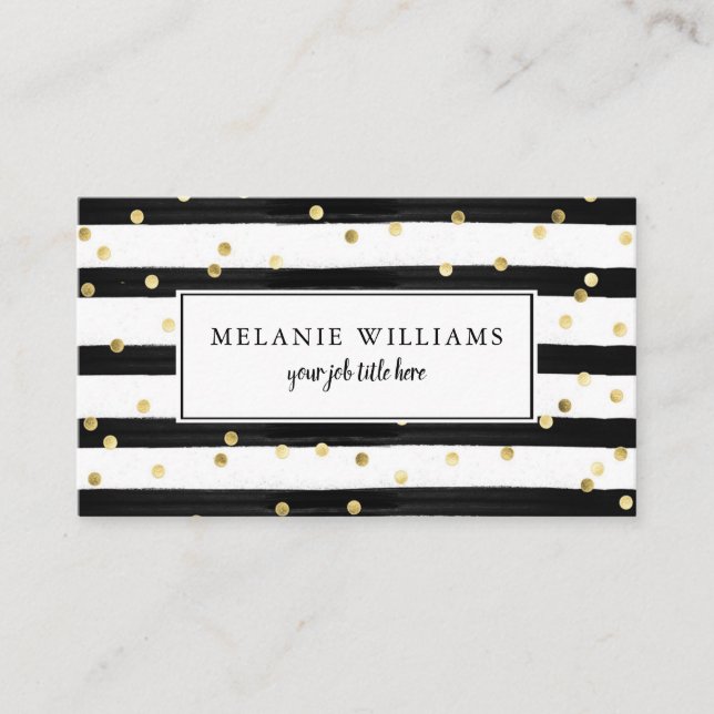 Modern Black and White Stripes Gold Polka Dots Business Card (Front)