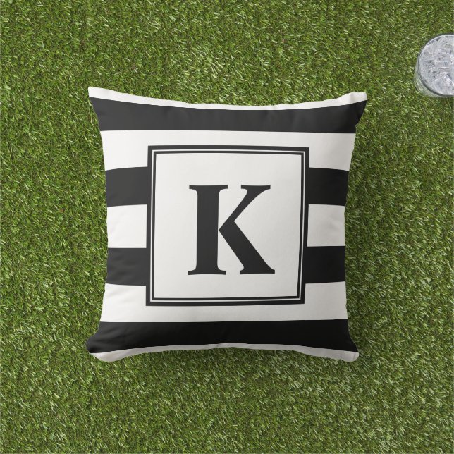 Modern Black And White Stripes Monogram Cushion (Grass)