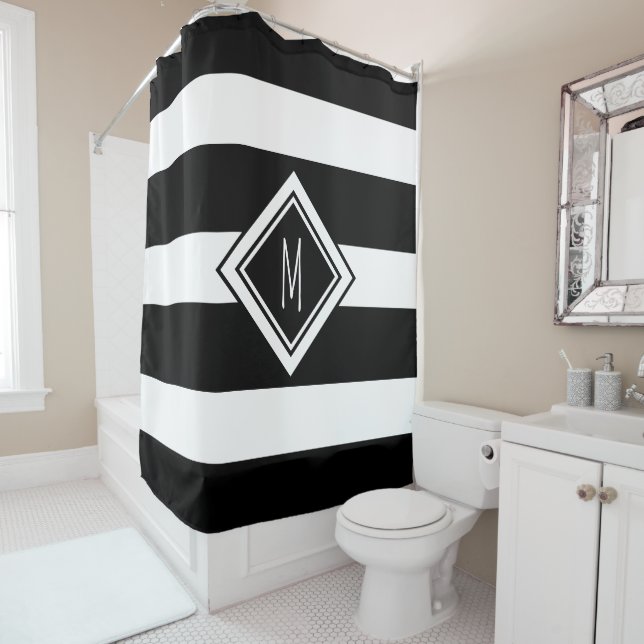 Modern Black and White Stripes Monogram Letter Shower Curtain (In Situ)