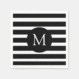 Modern Black and White Stripes Monogram Napkin
