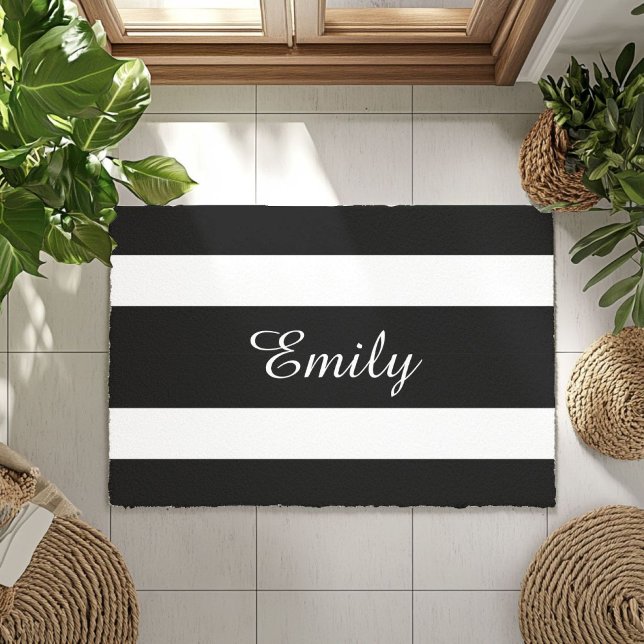 Modern Black And White Stripes Name Doormat (Modern Black And White Stripes Name Doormat)