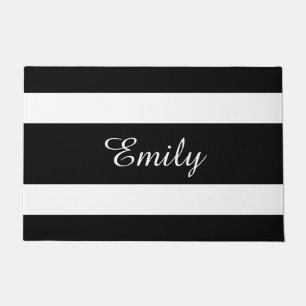 Modern Black And White Stripes Name Doormat