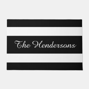 Modern Black And White Stripes Name Doormat