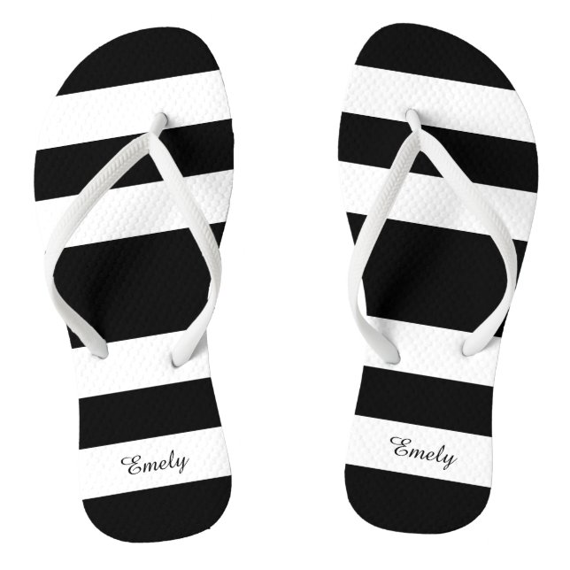 Modern Black And White Stripes Name Jandals (Footbed)
