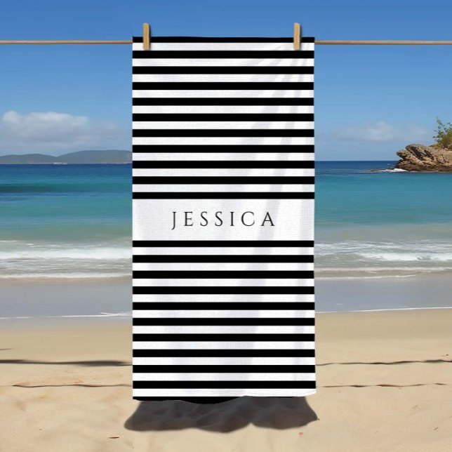 Modern Black And White Stripes Pattern Name Beach Towel (Personalized Modern Black & White Striped Pattern Beach Towel)
