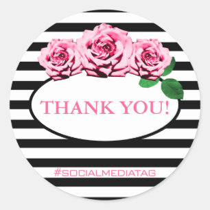 Modern Black and White Stripes Pink Roses Thanks Classic Round Sticker