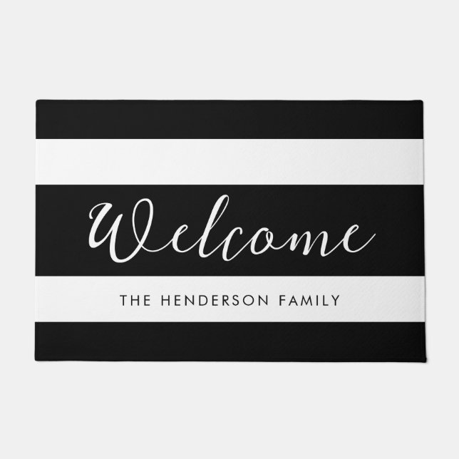 Modern Black And White Stripes Welcome Doormat (Front)