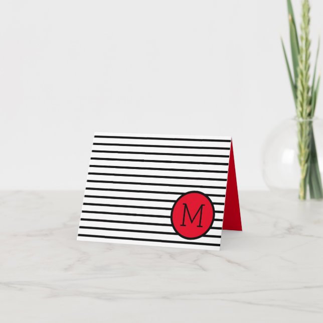 Modern Black and White Stripes With Red Monogram Note Card (Front)