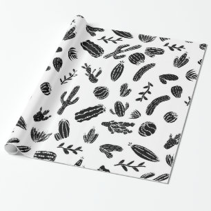 Modern Black and White Succulent Cactus  Pattern Wrapping Paper