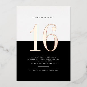 Modern Black and White Sweet 16 Rose Gold Foil