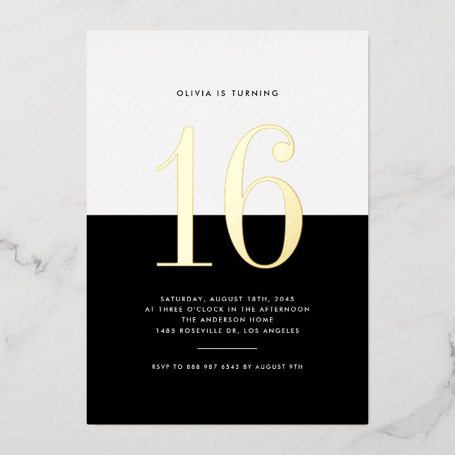 Modern Black and White Sweet Sixteen Gold Foil (Front)