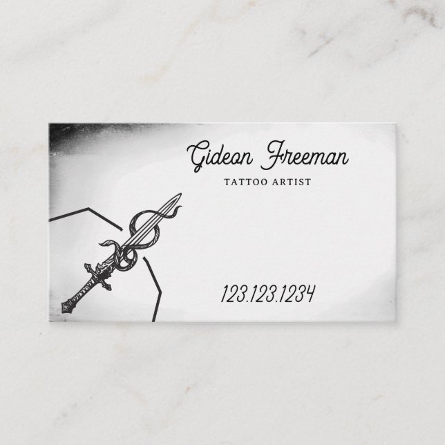 Modern Black and White Sword Tattoo Shop Business Card (Front)