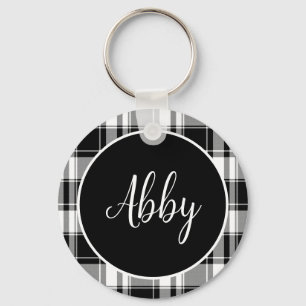 Modern Black and White Tartan Plaid Custom Name Key Ring