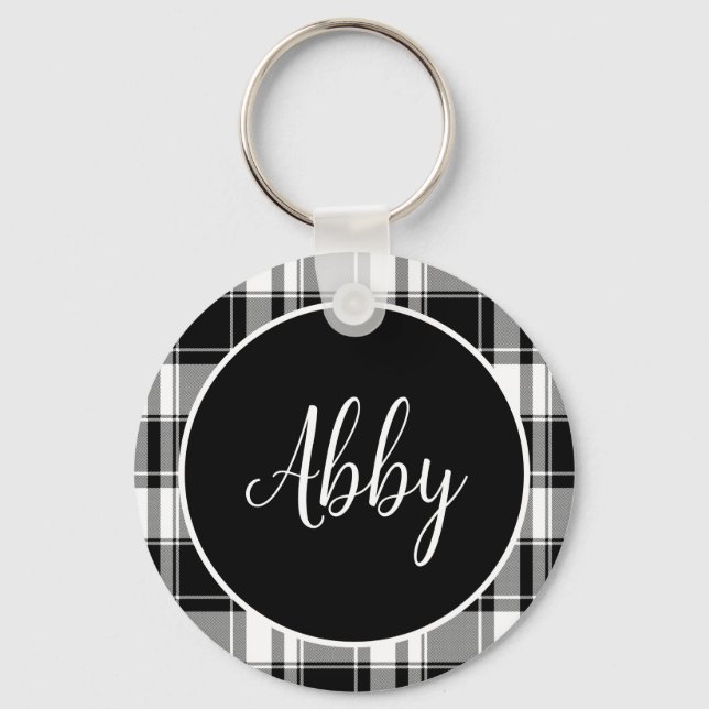 Modern Black and White Tartan Plaid Custom Name Key Ring (Front)