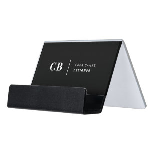 Modern Black and White Trendy Stylish Monogram Desk Business Card Holder
