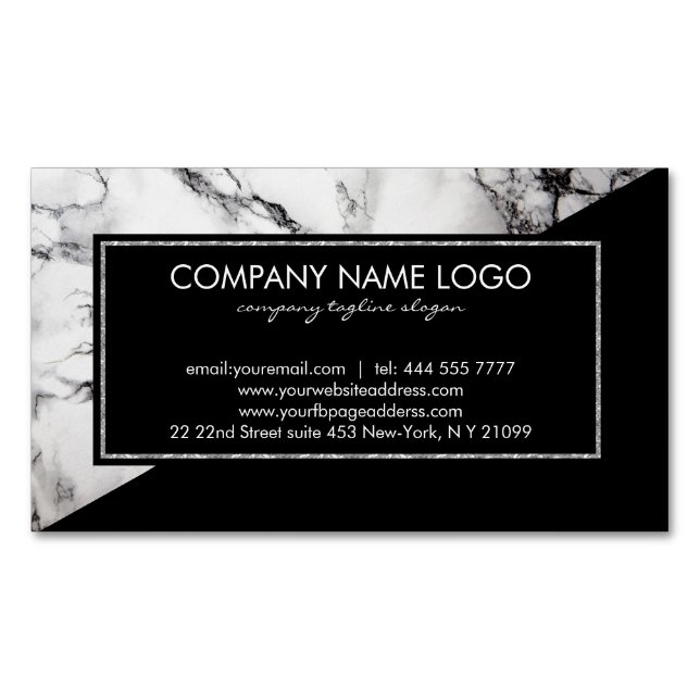 Modern Black And White Triangle Marble Stone Magnetic Business Card (Front)