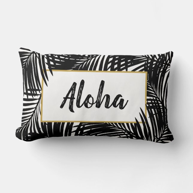 Modern Black and White Tropical Aloha Lumbar Cushion (Front)