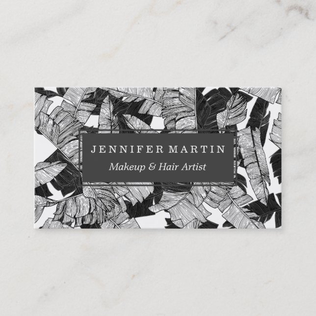 Modern Black and White Tropical Banana Leaves Business Card (Front)