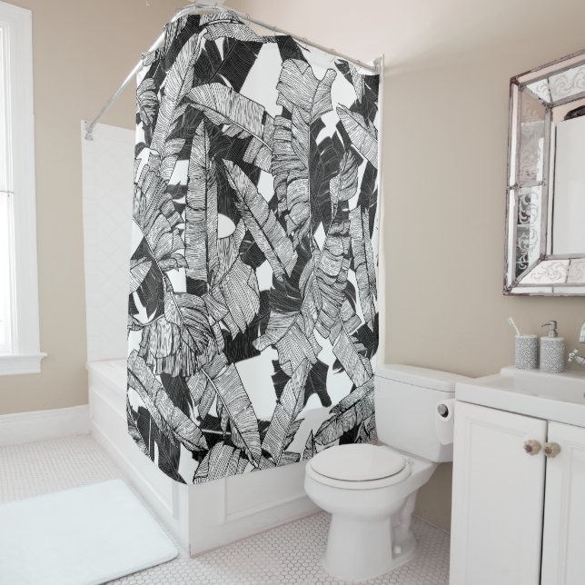 Modern Black and White Tropical Banana Leaves Shower Curtain (In Situ)
